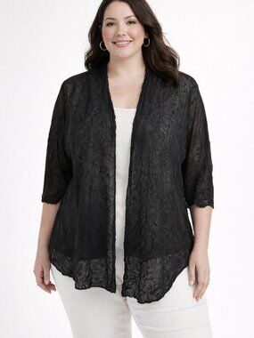 Eileen Fisher Open Front Crinkle Textured Black Sheer Mesh Cardigan Plus Size 1X